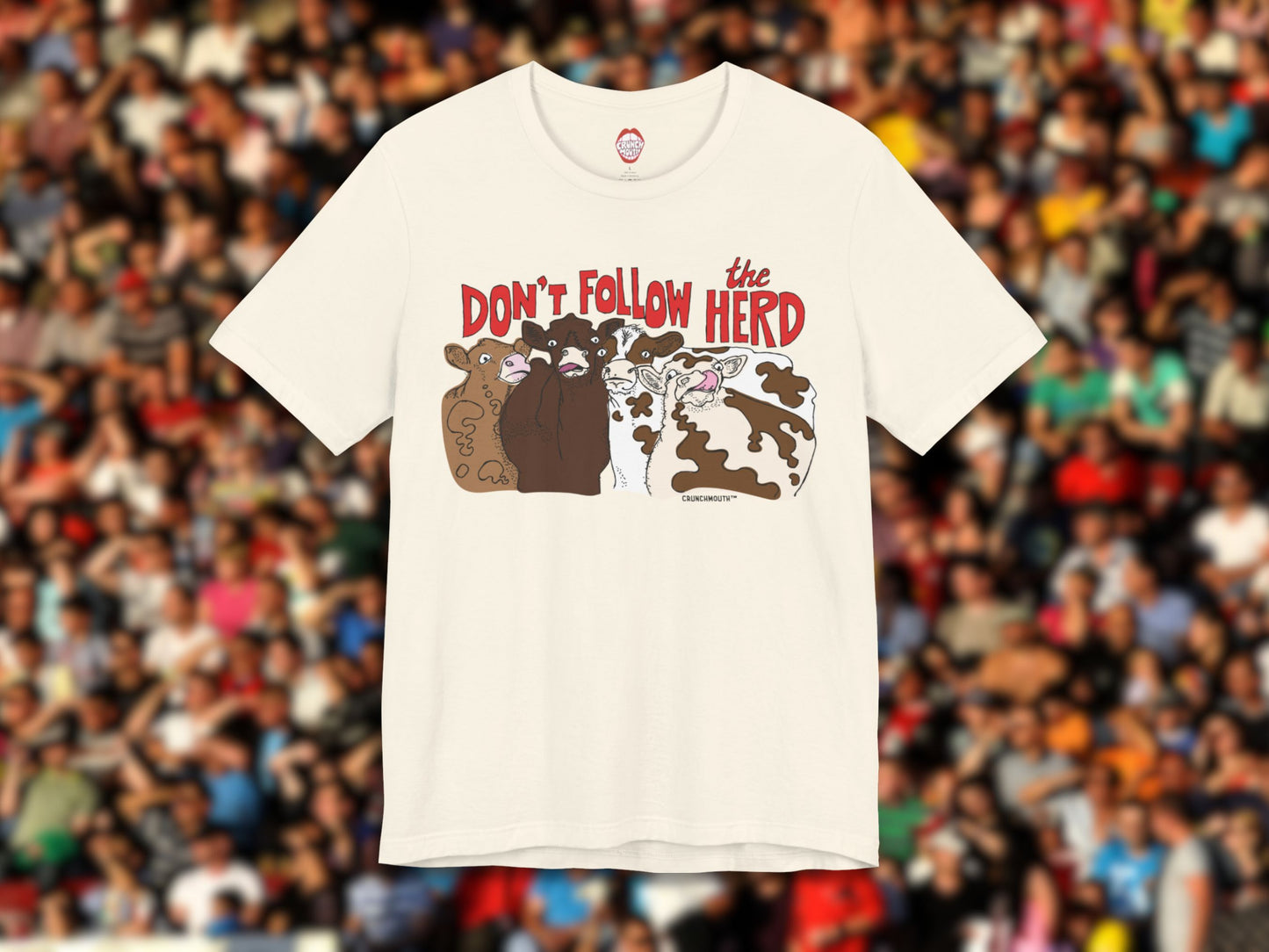 don't follow the herd t-shirt, funny cow tee, front, crowd of people background
