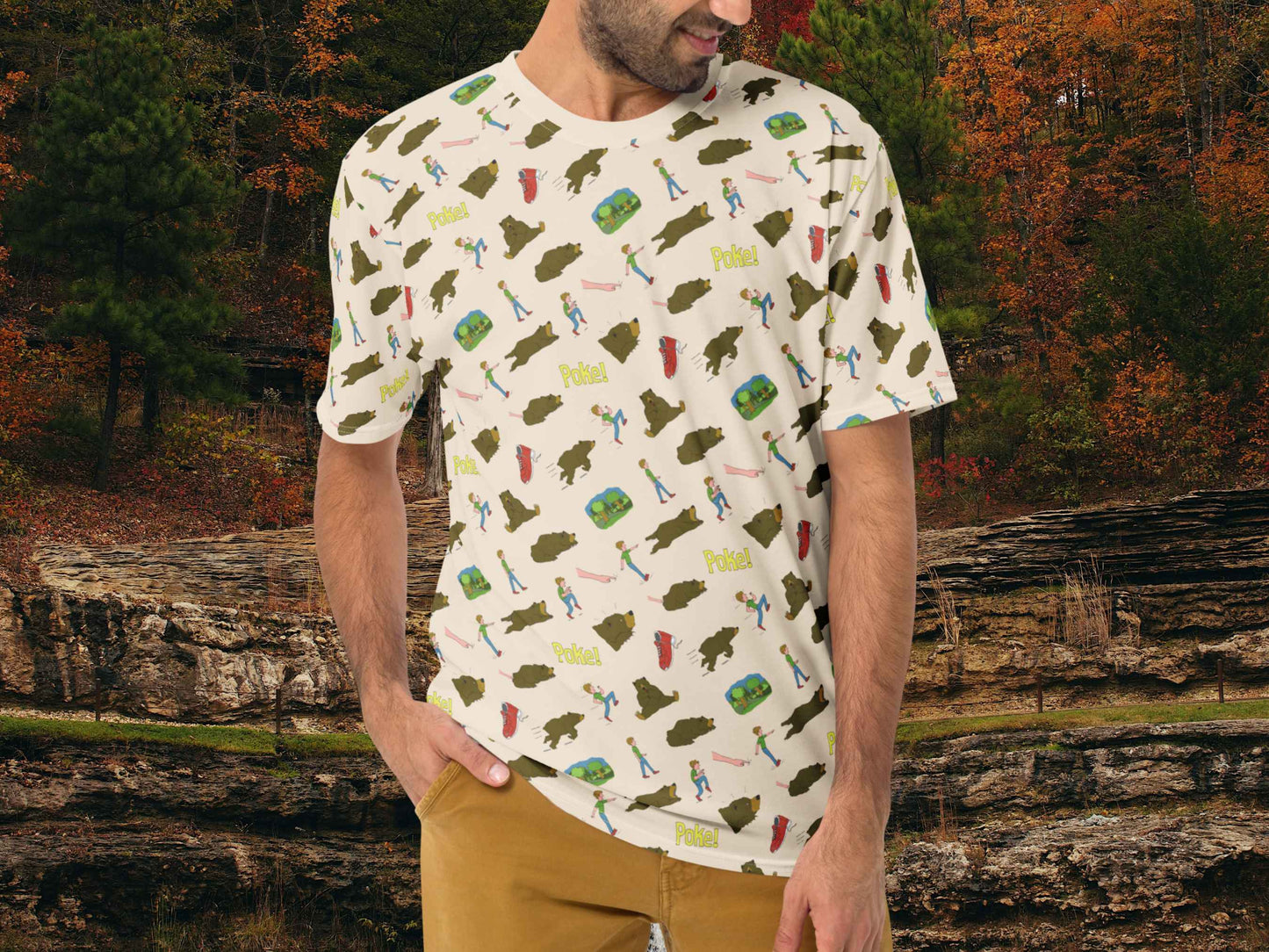 don't poke the bear shirt, funny t shirts, male model, front, autumn forest background