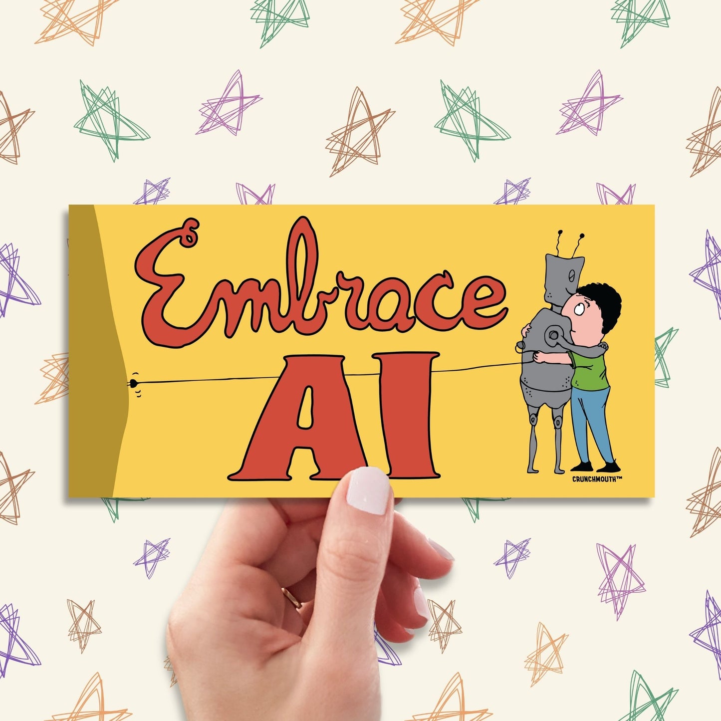 embrace ai satire bumper sticker, hand display, scribble stars design background