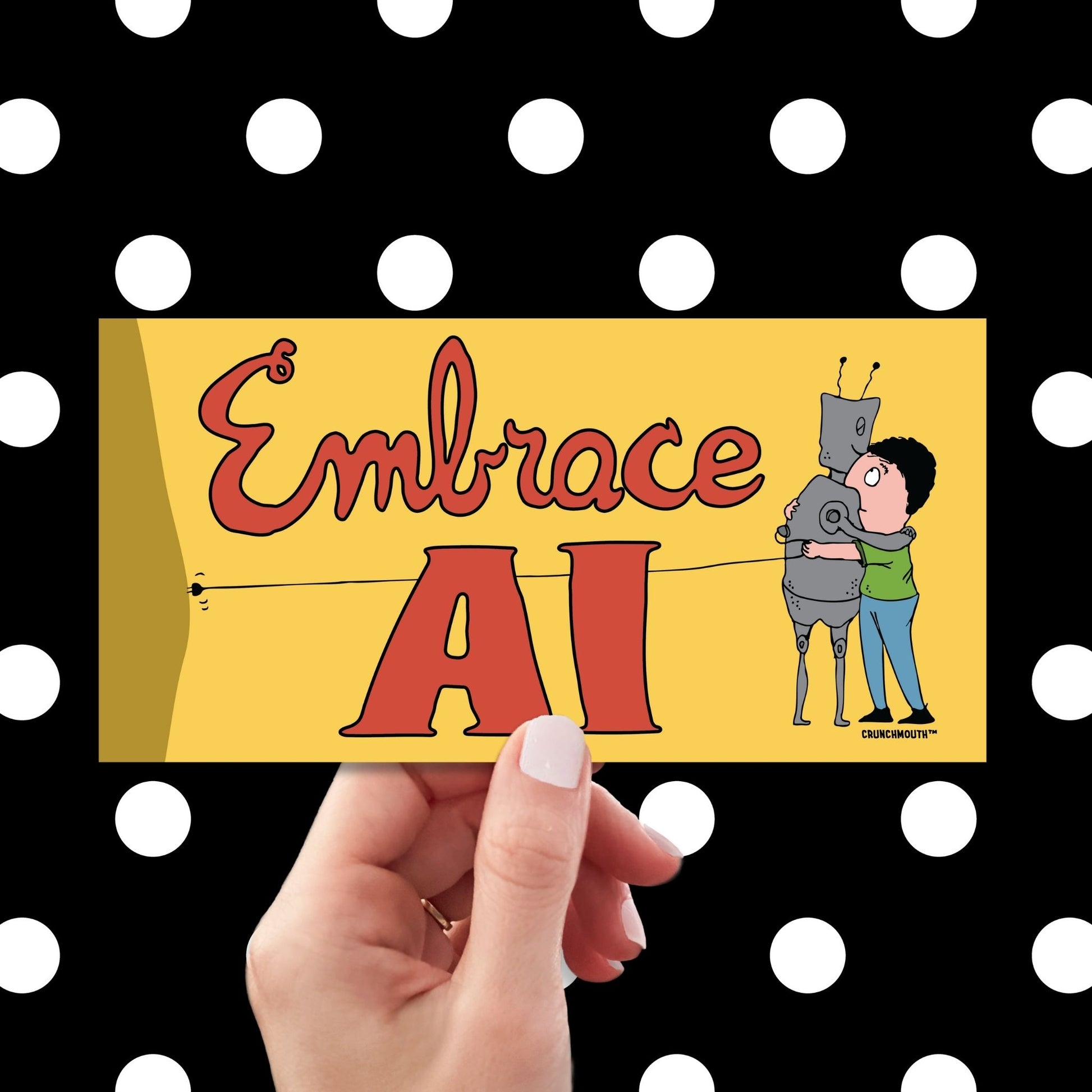 embrace ai satirical bumper sticker, hand display, polka dots pattern design background