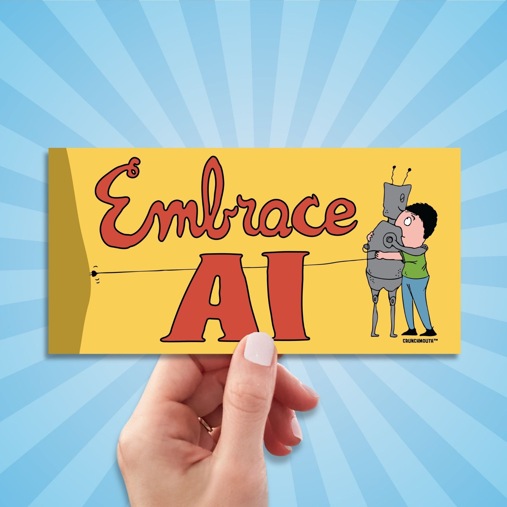 embrace ai satirical bumper sticker, hand display, sun rays design background