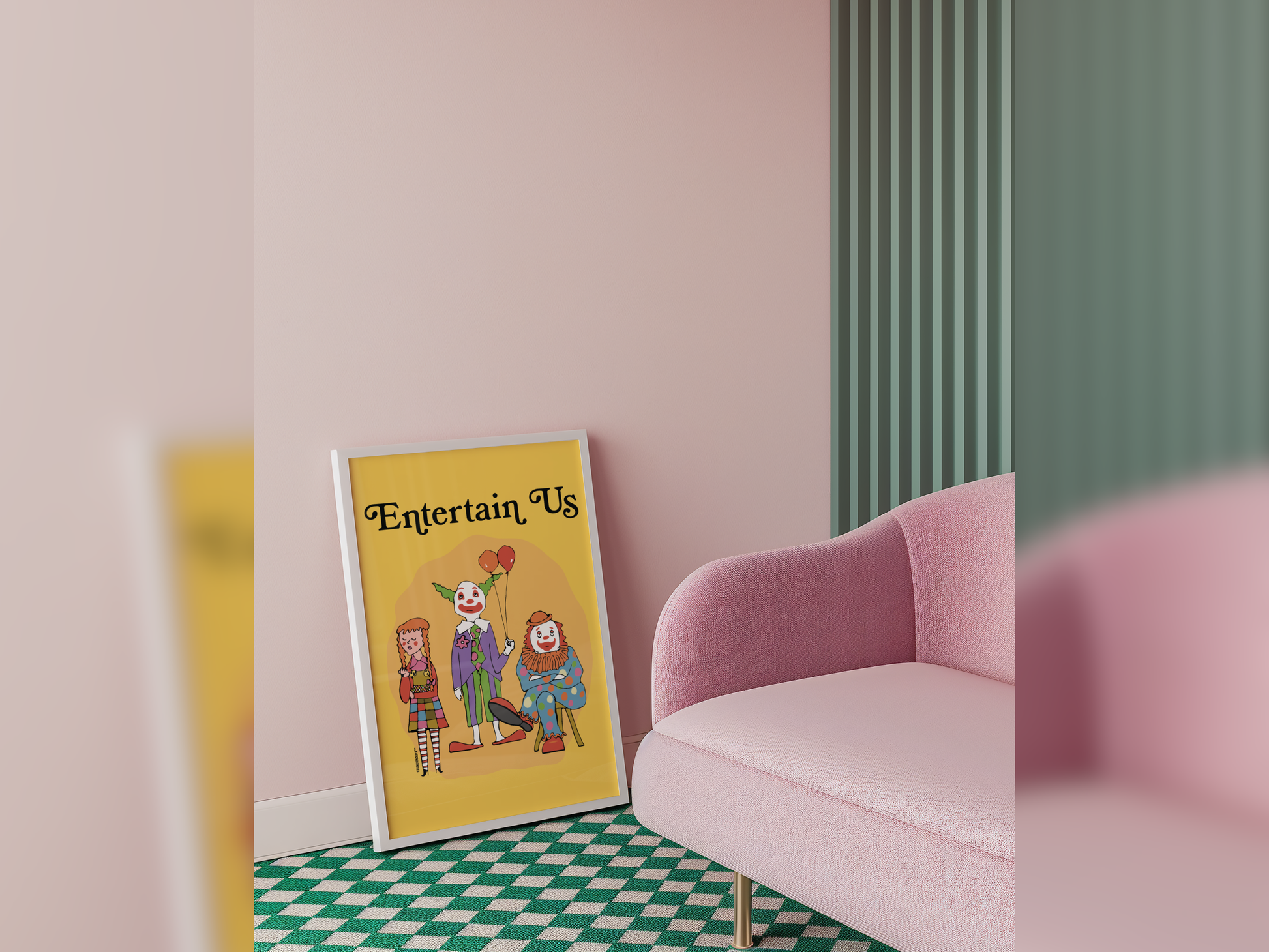 entertain us ironic clown wall art displayed in context