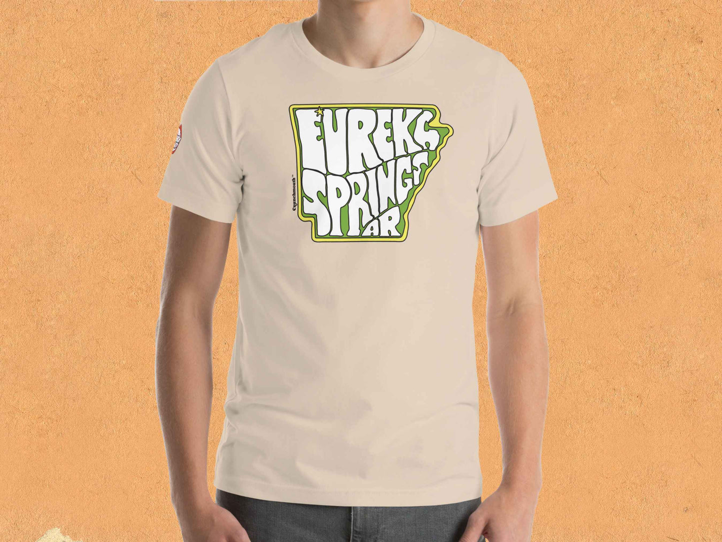 eureka springs shirt, front, male model, orange textured background