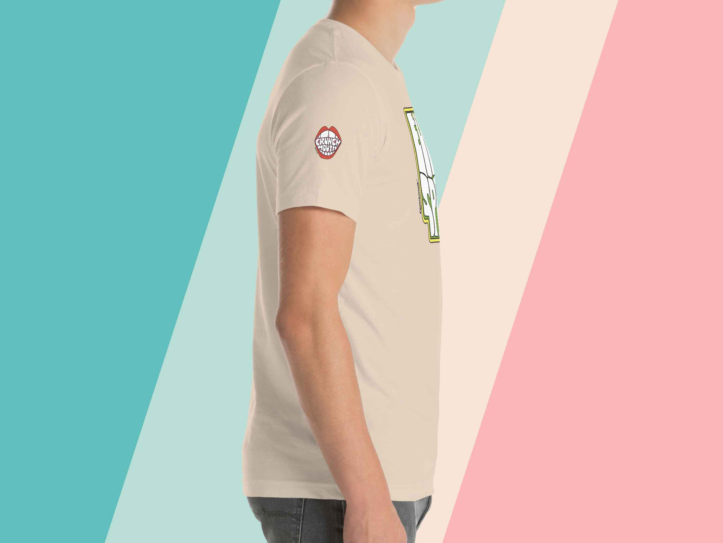 eureka springs shirt, right side, male model, pastel stripe background