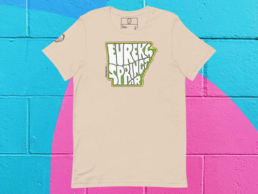 eureka springs shirt, front, flat, vibrant color cinder block background