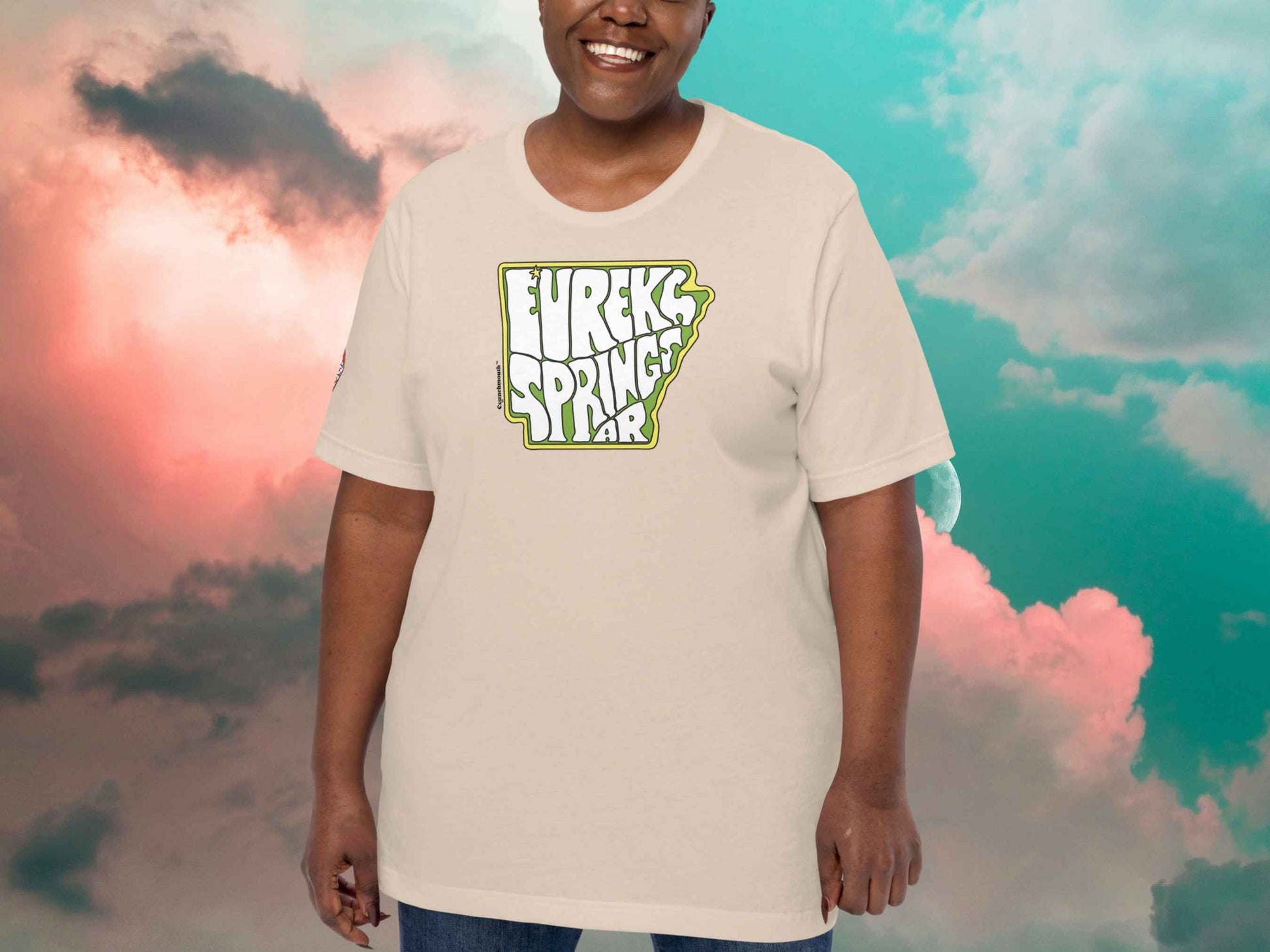 eureka springs shirt, front, female model, cloud sky background