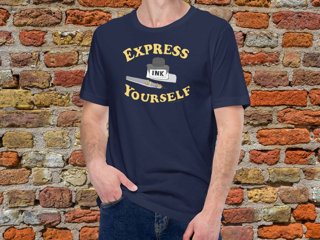 fountain pen t shirt, express yourself, retro t shirts, male model, front view, red brick wall background
