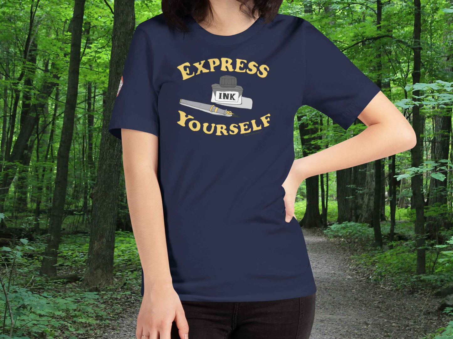 express yourself retro t shirt, drawing ink pen, female model, front, forest trail background