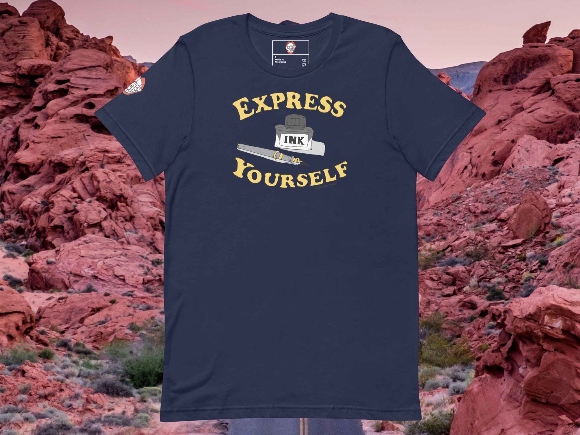 fountain pen t shirt, express yourself, flat, front, red rocks background