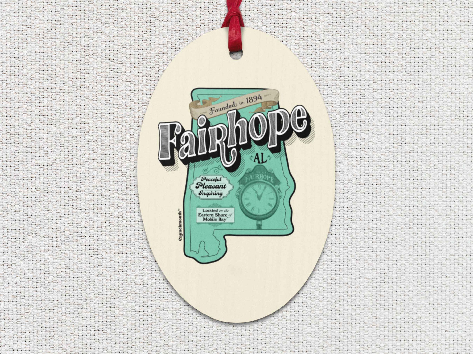 fairhope alabama Christmas ornament, front, white textured background