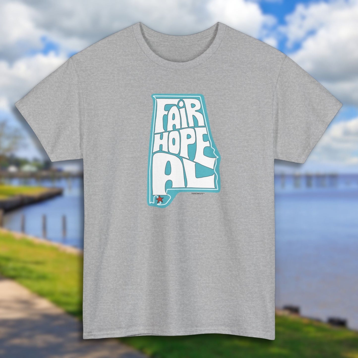 fairhope shirt, sport grey color, gulf coast background