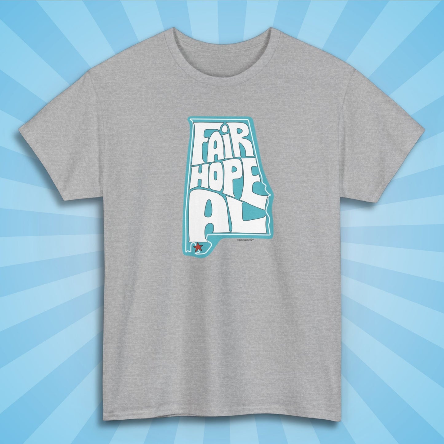 fairhope shirt, sport grey color, sun rays design background