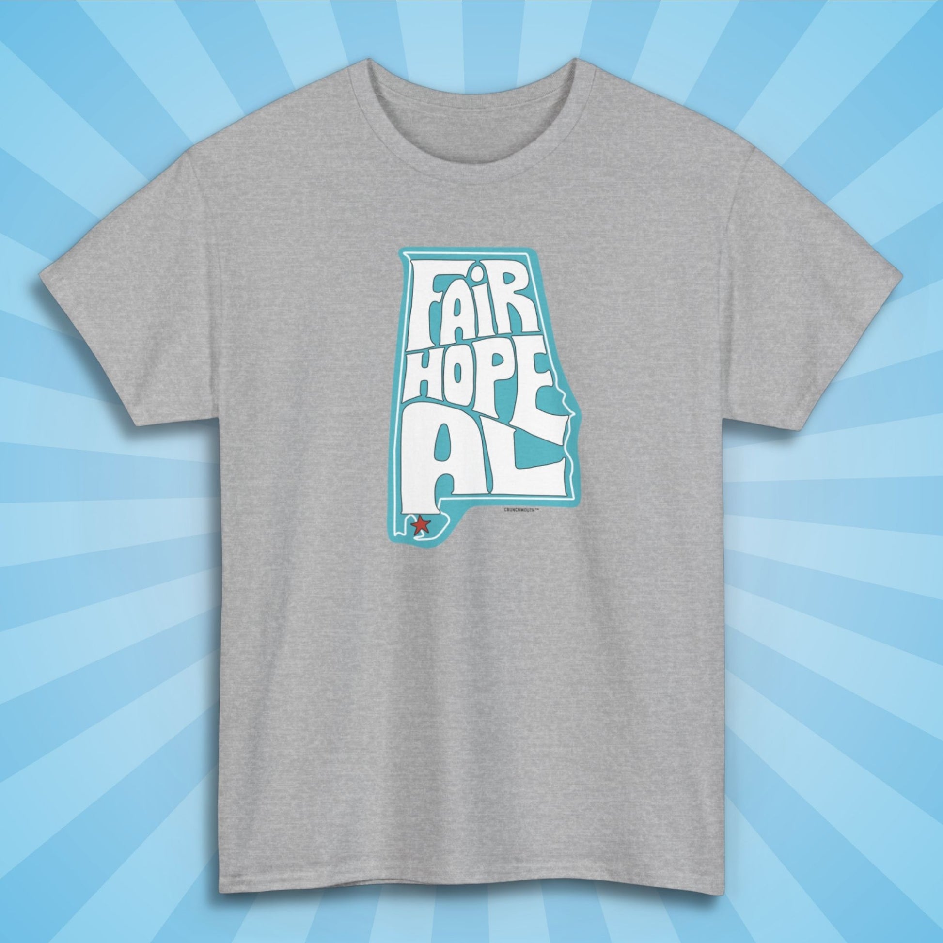 fairhope shirt, sport grey color, sun rays design background