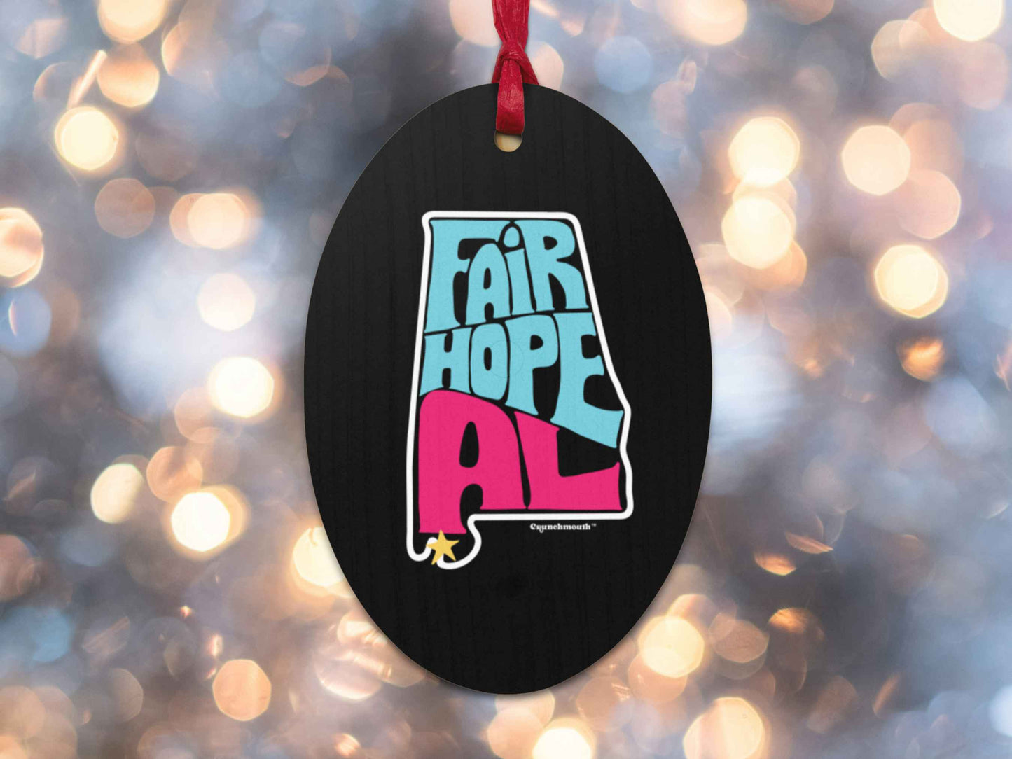 fairhope Christmas ornament, back, Christmas lights background