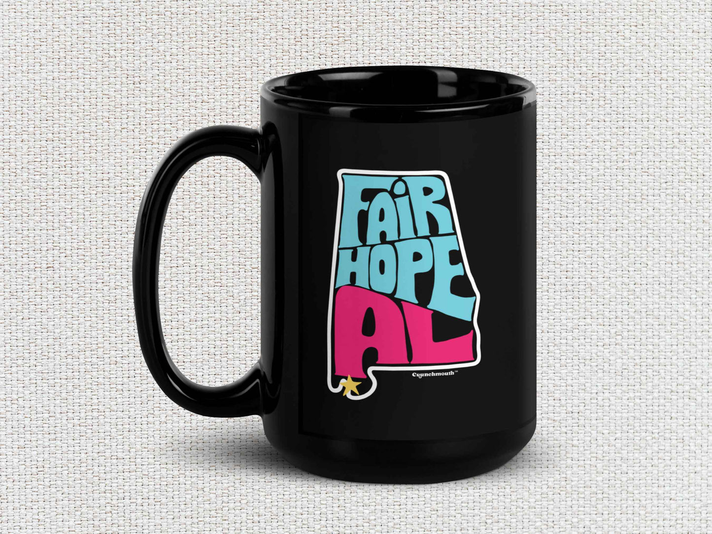 fairhope coffee mug, 15oz, handle on left, white textured background