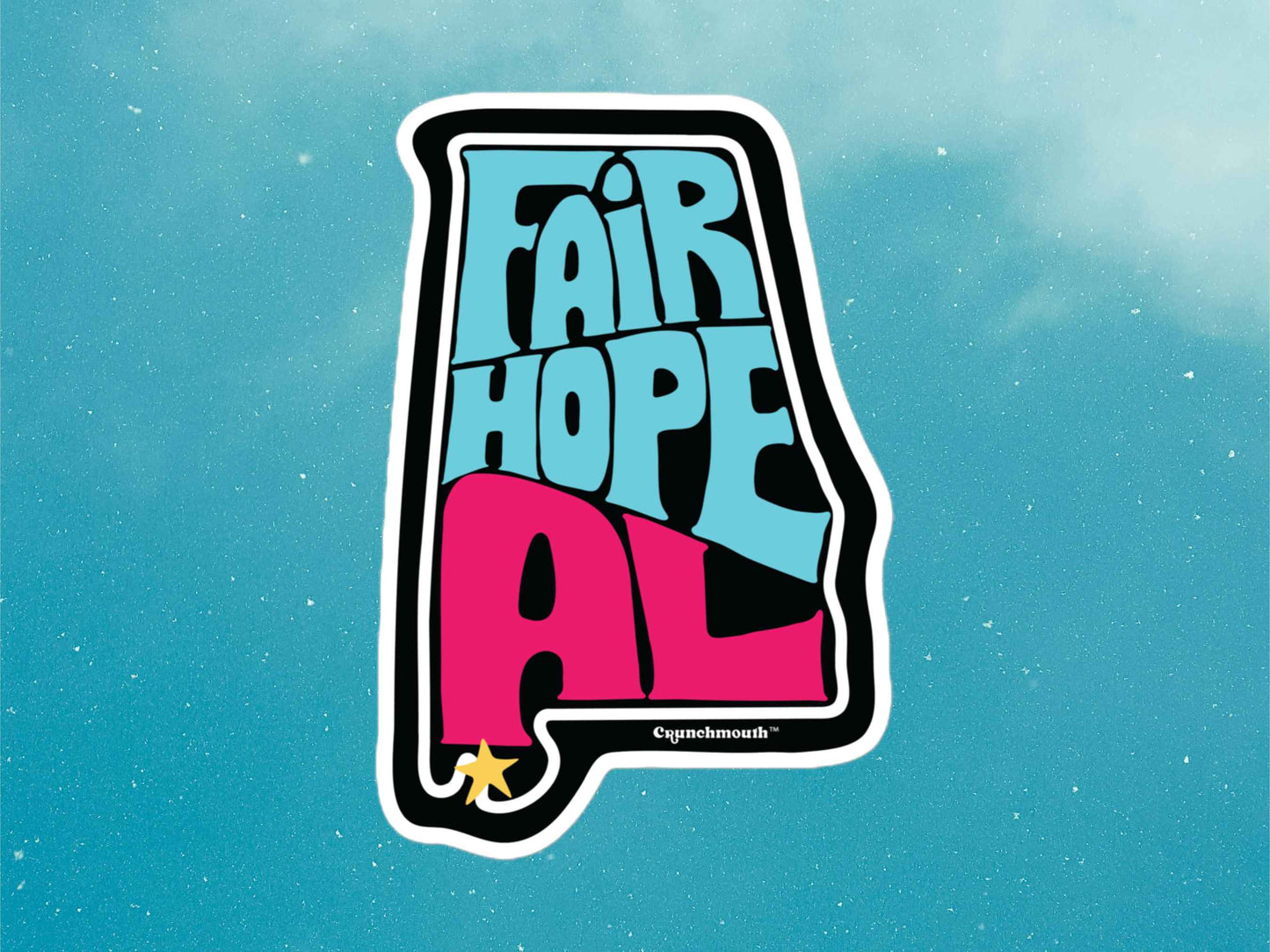 fairhope alabama travel luggage sticker, blue sky background