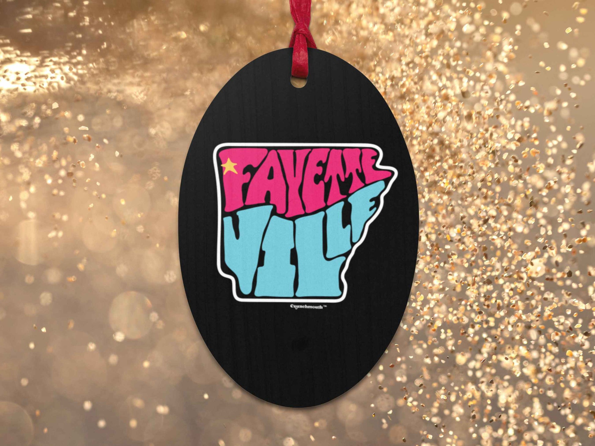 fayetteville arkansas Christmas ornament, back, gold glitter background