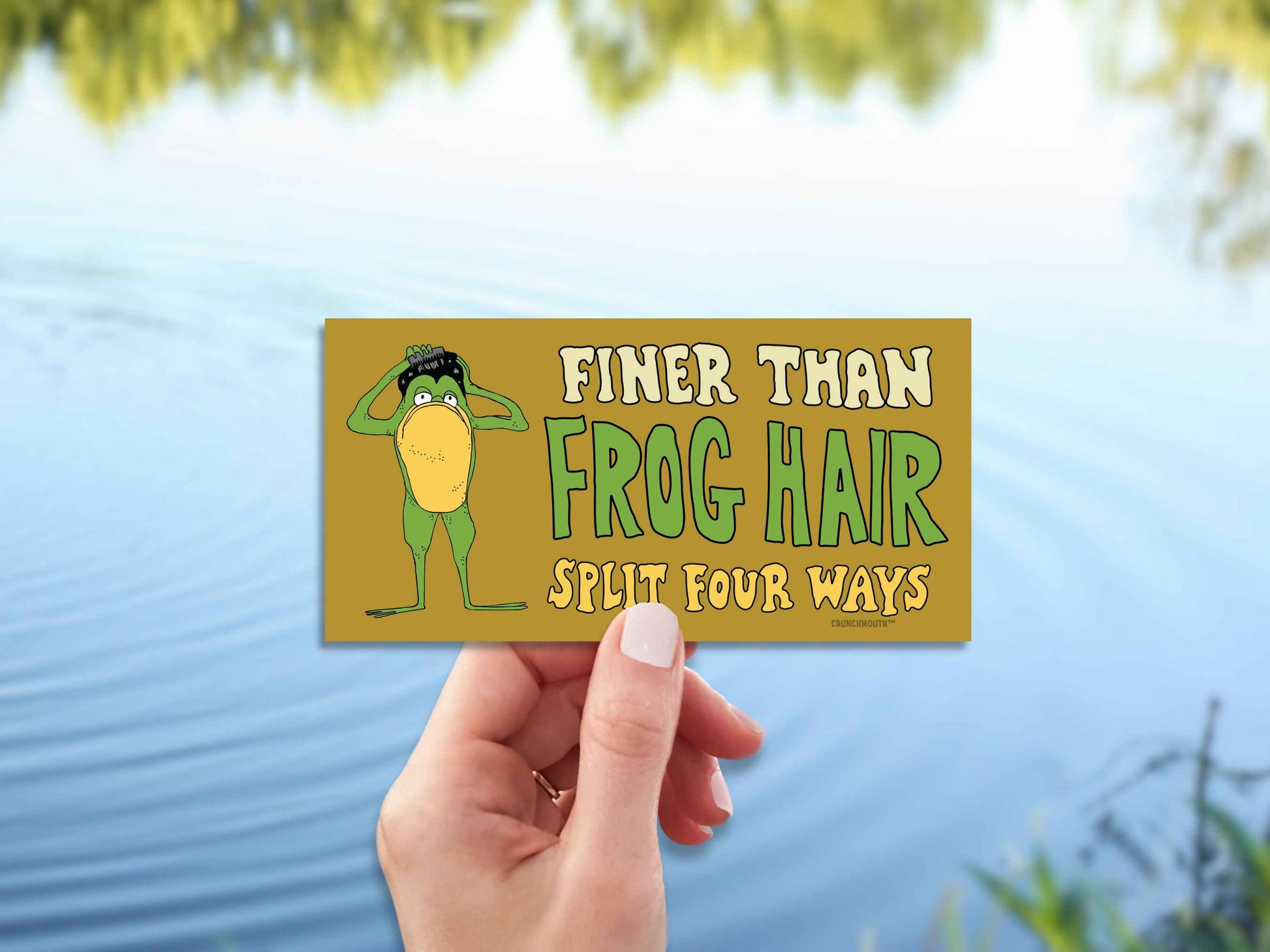 finer than frog hair split four ways bumper sticker, funny greaser frog combing hair, hand display, ripple in pond background