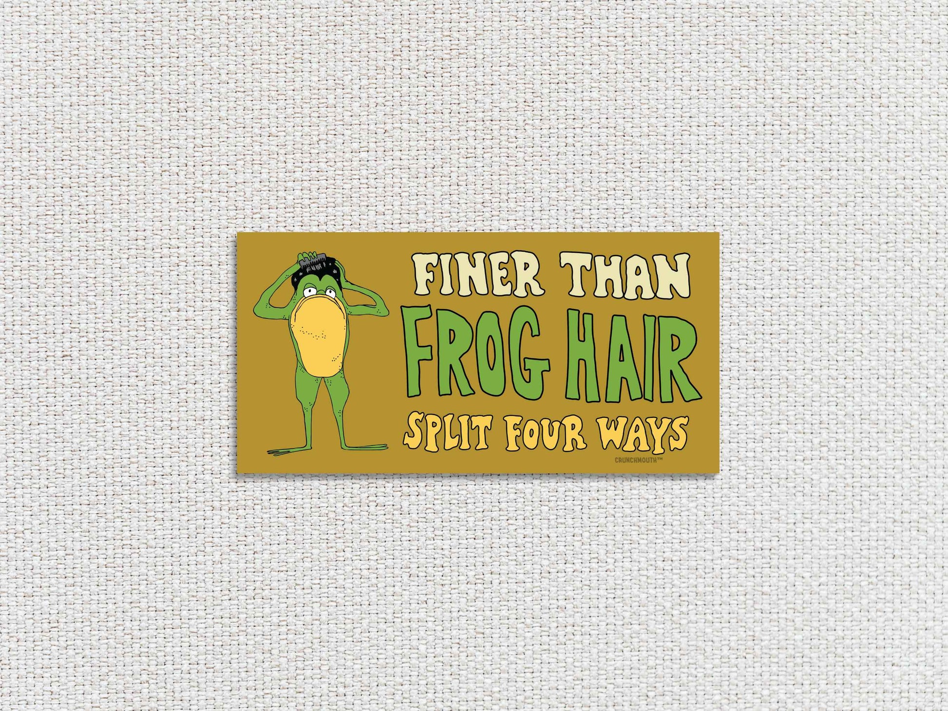 finer than frog hair split four ways bumper sticker, funny greaser frog combing hair, white textured background