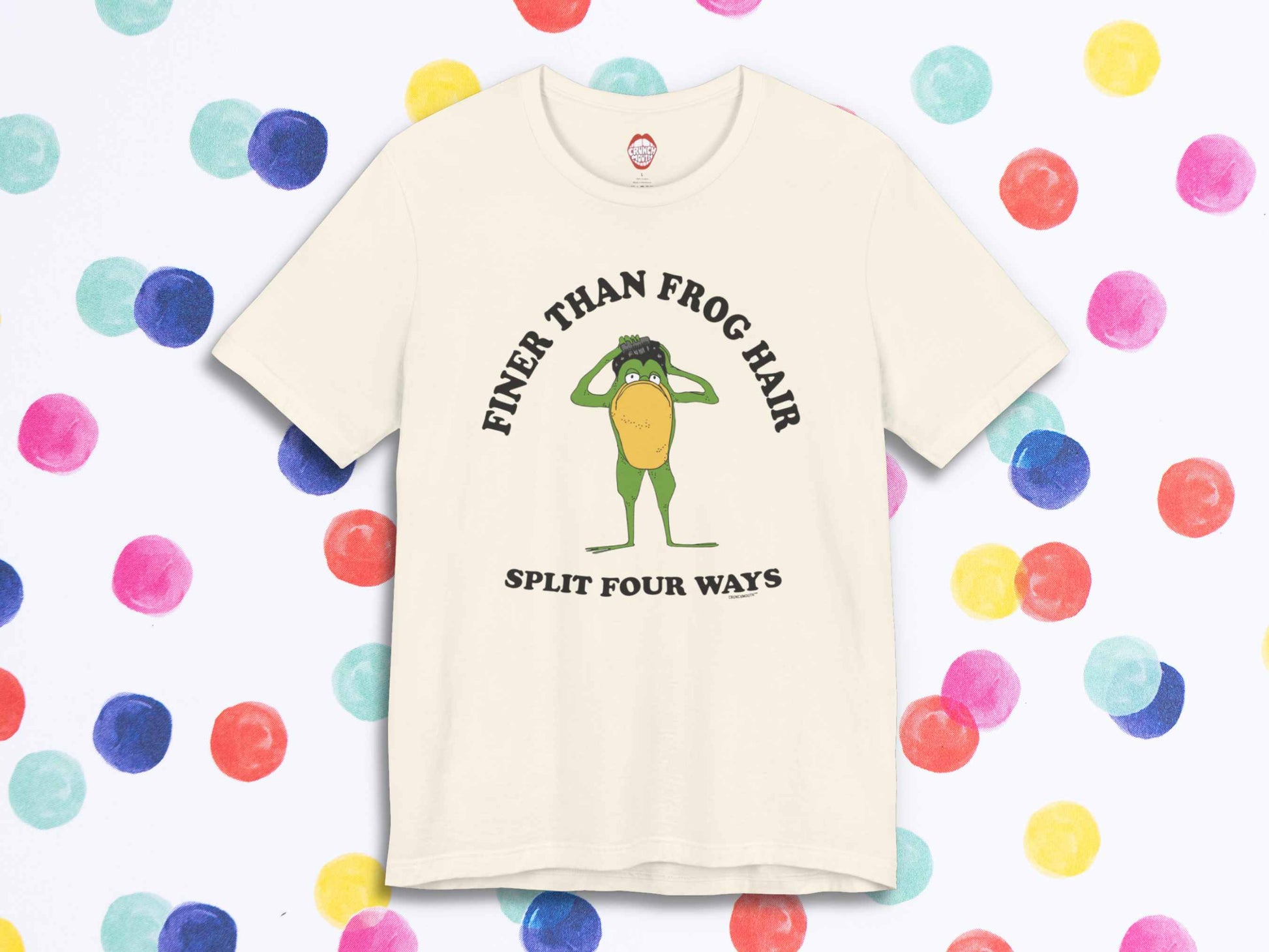finer than frog hair split four ways shirt, front, polka dots background