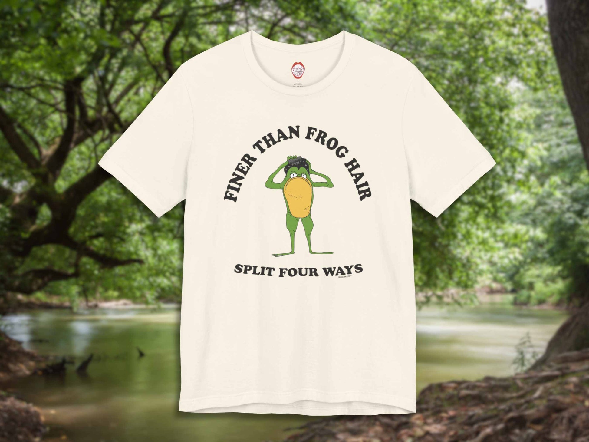 finer than frog hair split four ways shirt, front, forest stream trees background
