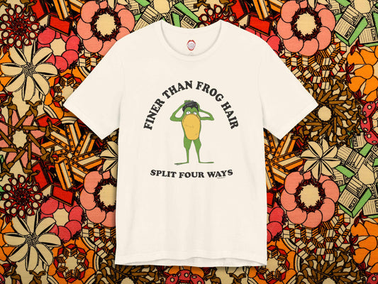 finer than frog hair split four ways shirt, front, 1960s floral pattern fabric background