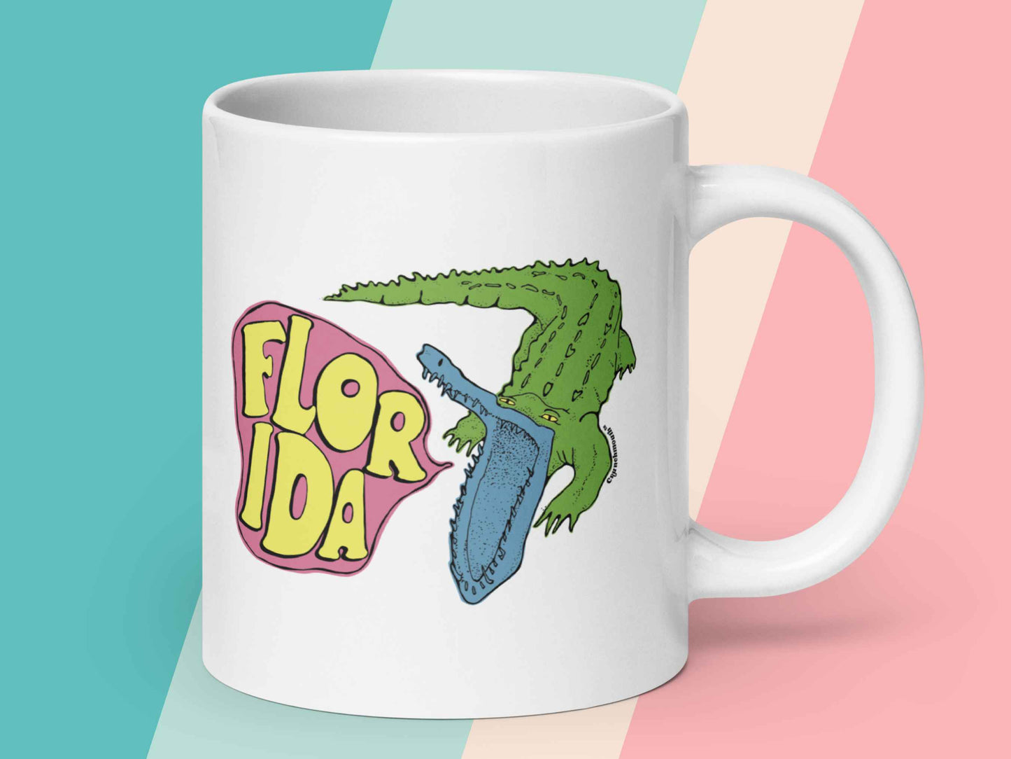 florida alligator coffee mug, unique florida gifts, 20 oz, handle on right, pastel stripe background