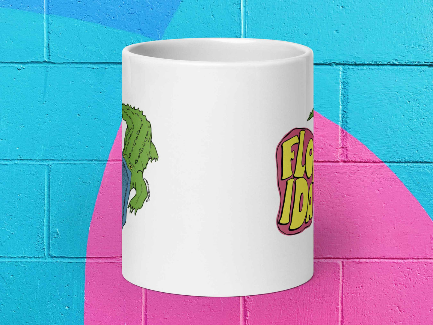 florida mug, retro coffee mugs, front view, colorful cinder block wall background