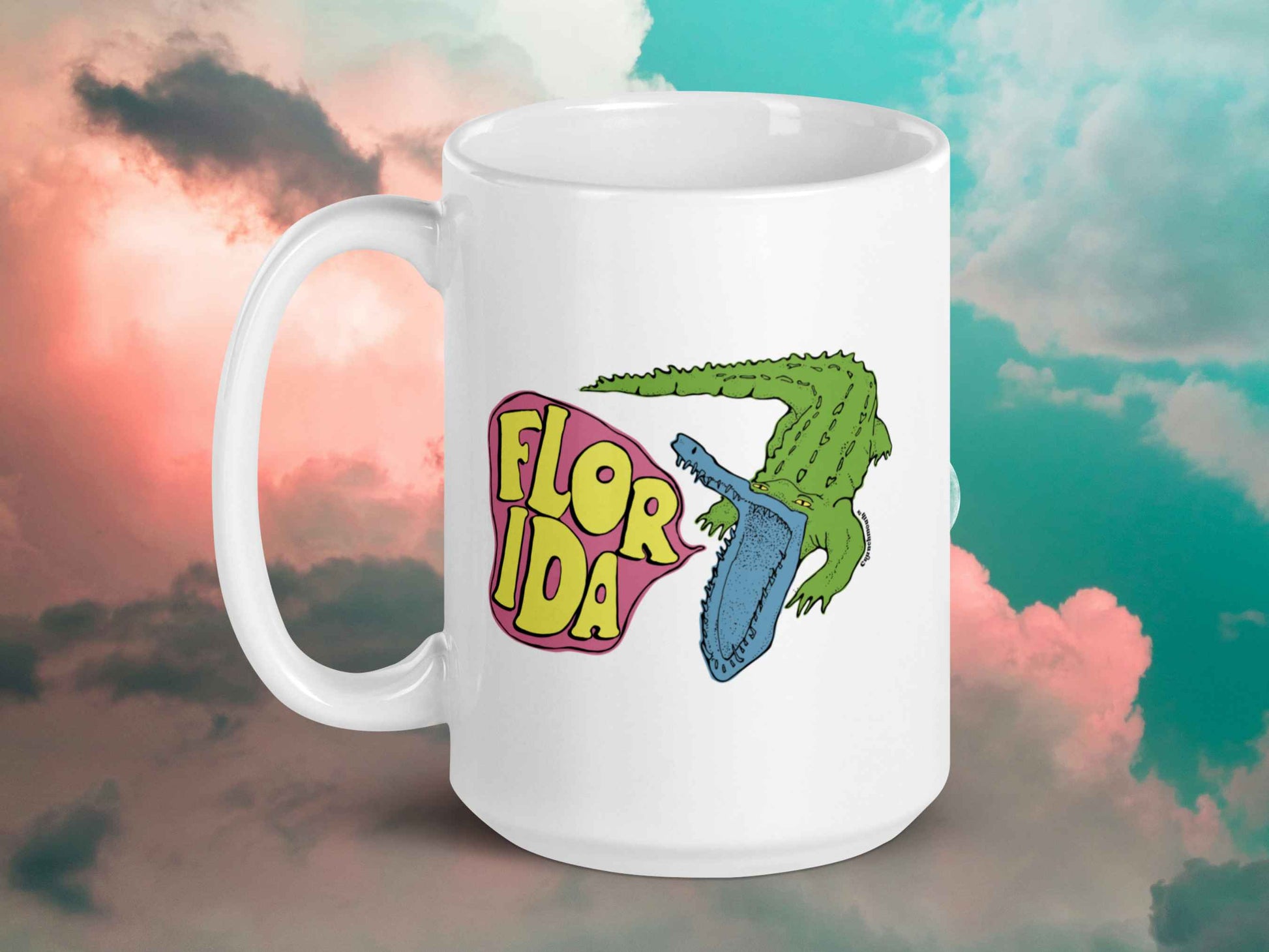 florida mug, gift ideas florida, handle on left, 15 oz, cloud sky background