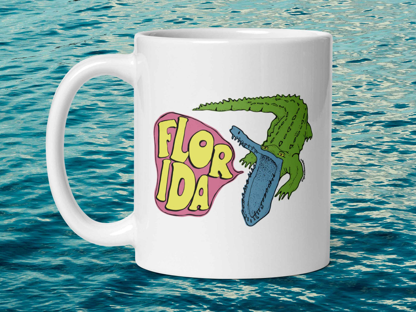 florida mug, unique florida gifts, handle on left, 11 oz, blue water background