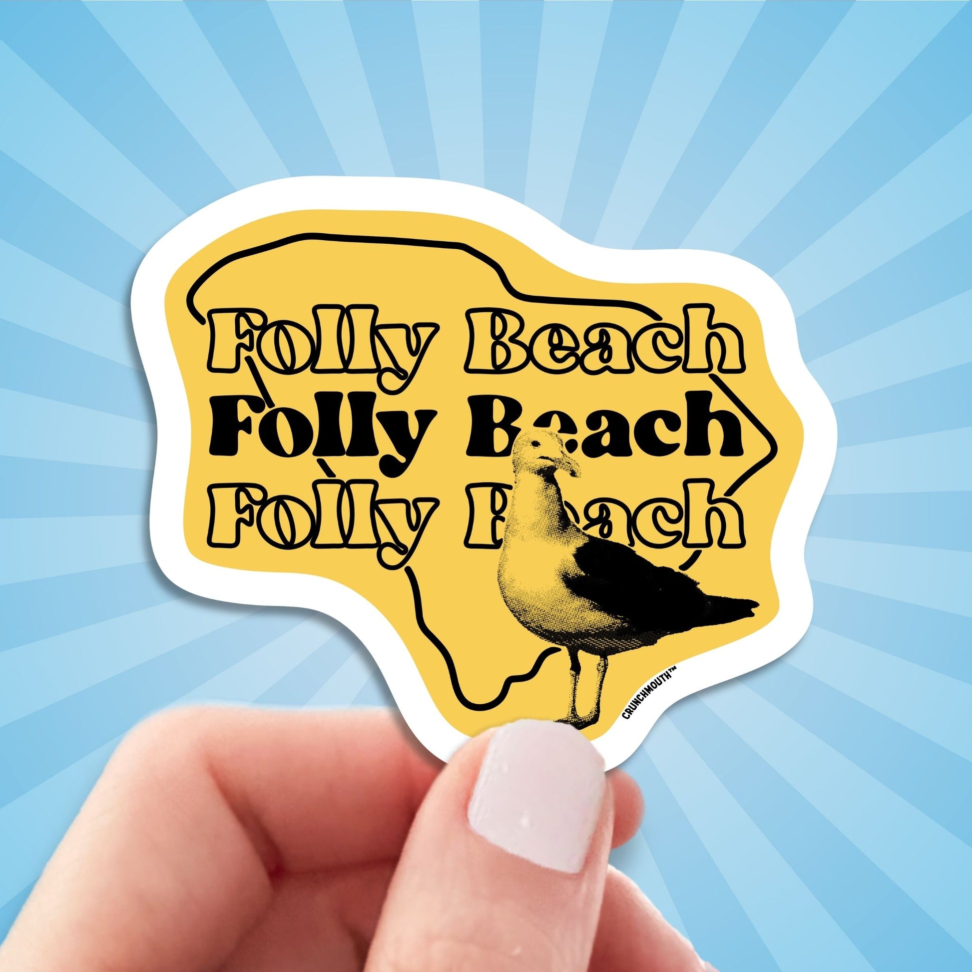 folly beach seagull travel luggage sticker, hand display, sun rays design background
