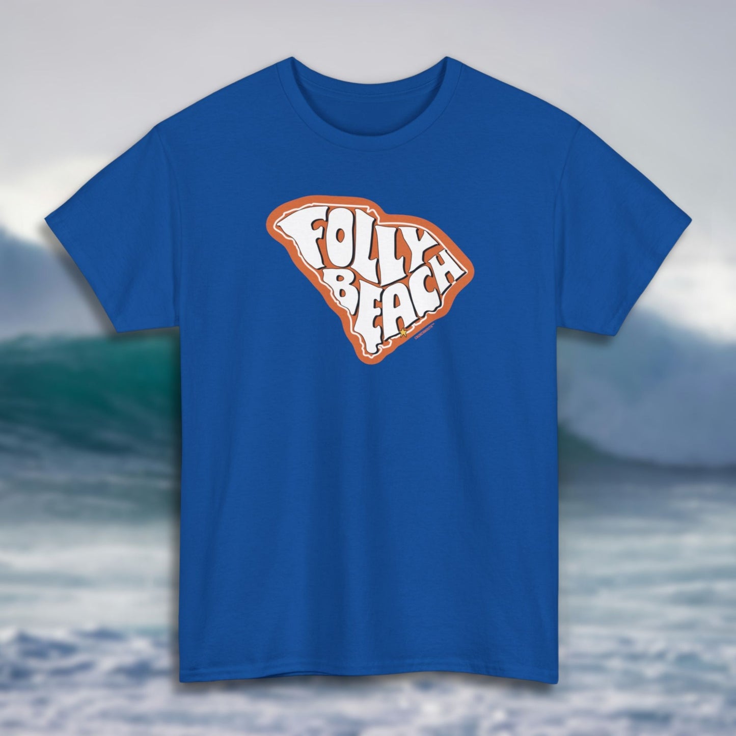 folly beach south carolina shirt, royal blue color, ocean waves background
