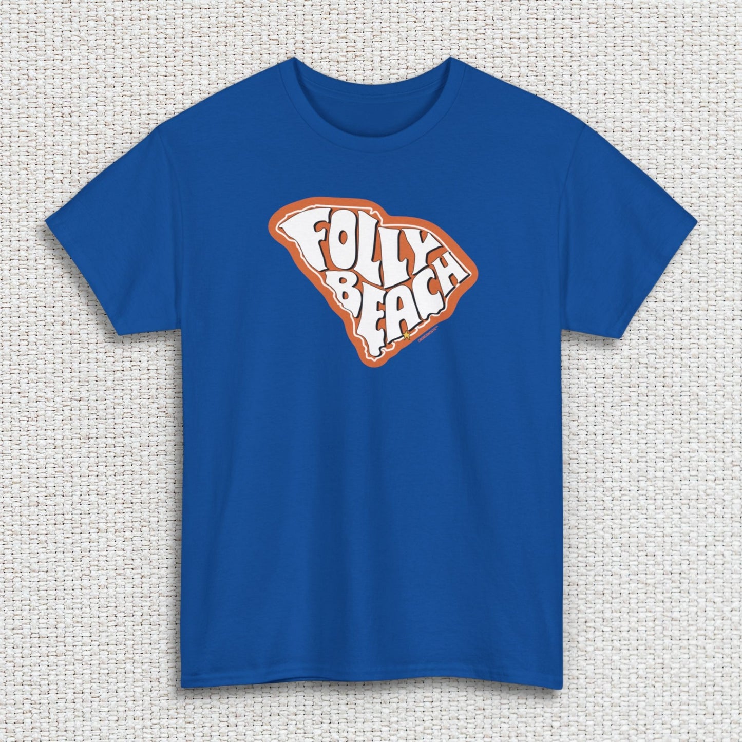 folly beach south carolina shirt, royal blue color, white textured fabric background