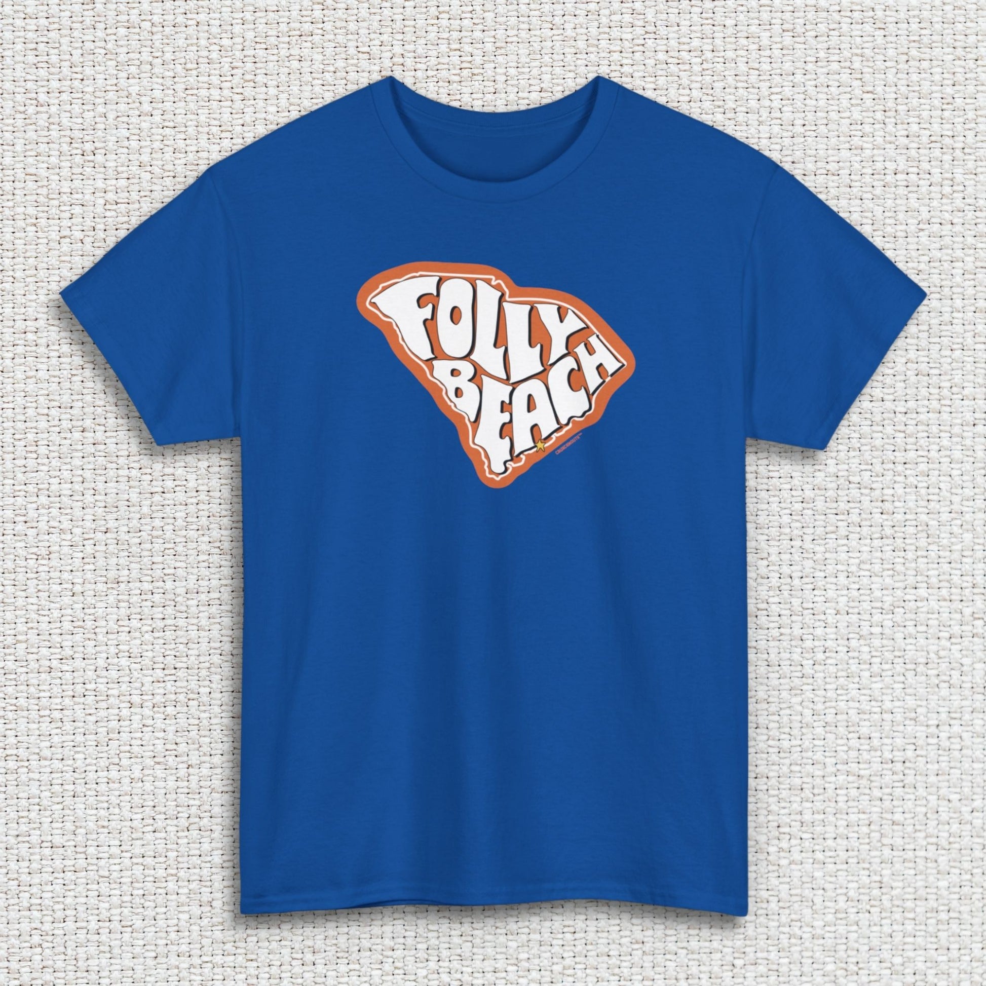 folly beach south carolina shirt, royal blue color, white textured fabric background