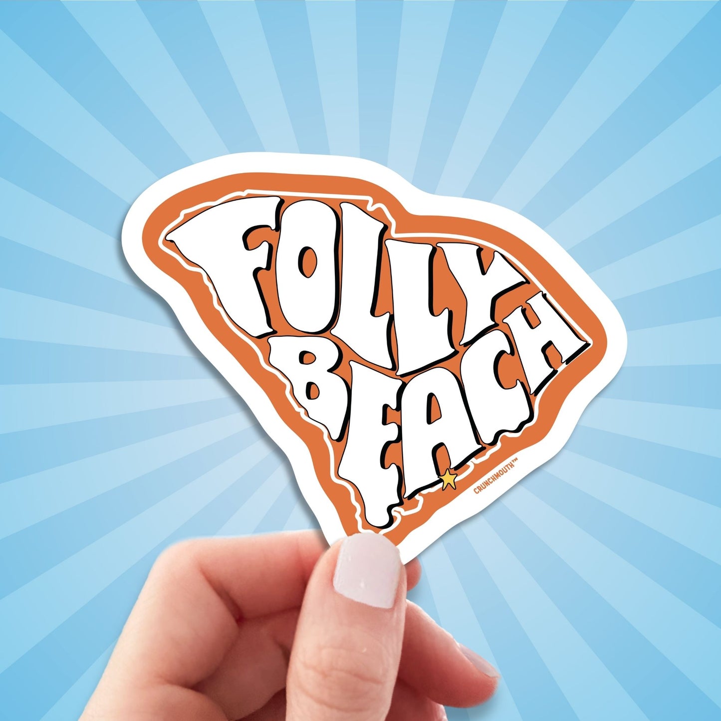 folly beach travel luggage sticker, hand display, sun rays design background