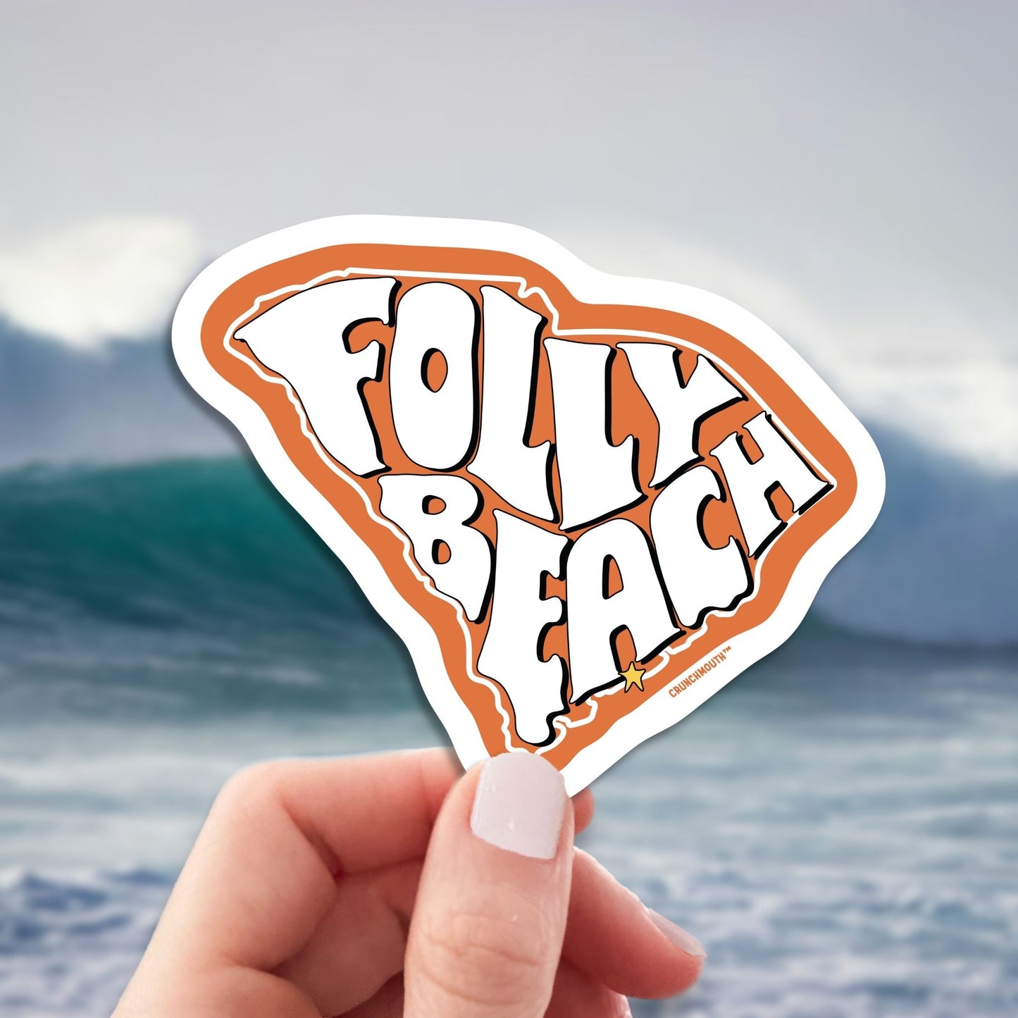 folly beach travel luggage sticker, hand display, surfing ocean wave background