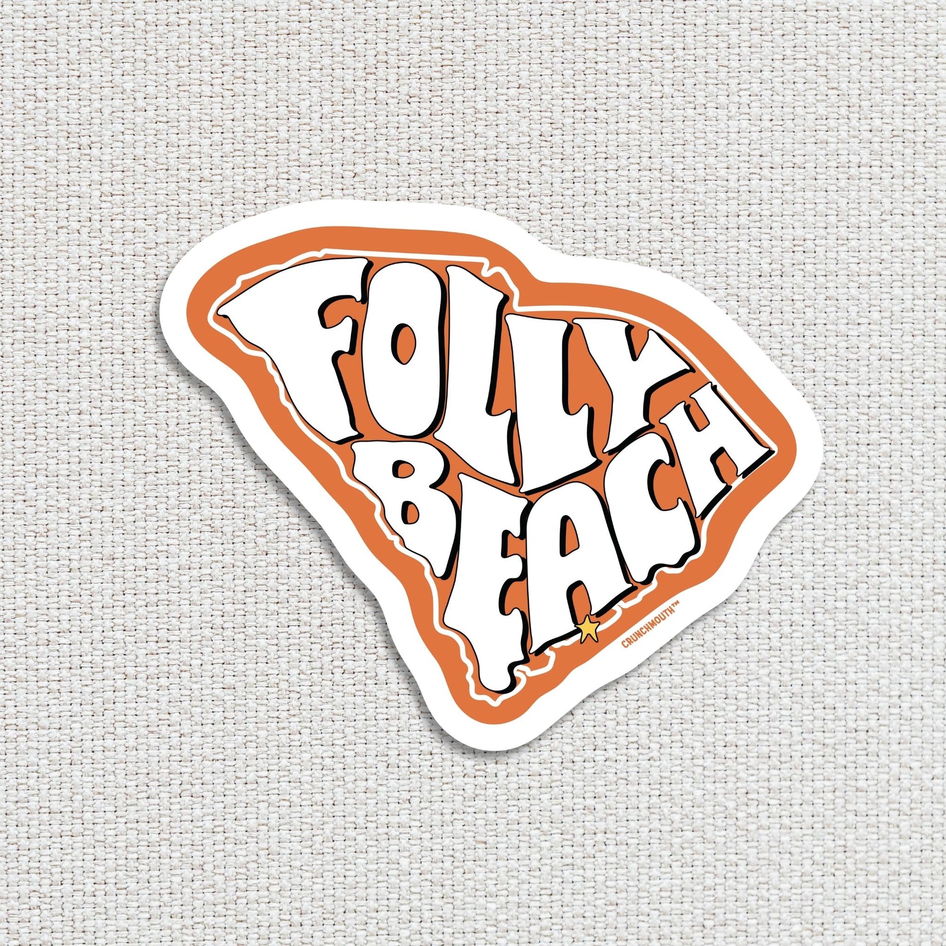 folly beach travel luggage sticker, white textured fabric background