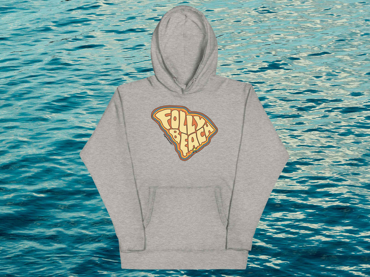 folly beach sweatshirt, pullover hoodie, flat, front, blue water background