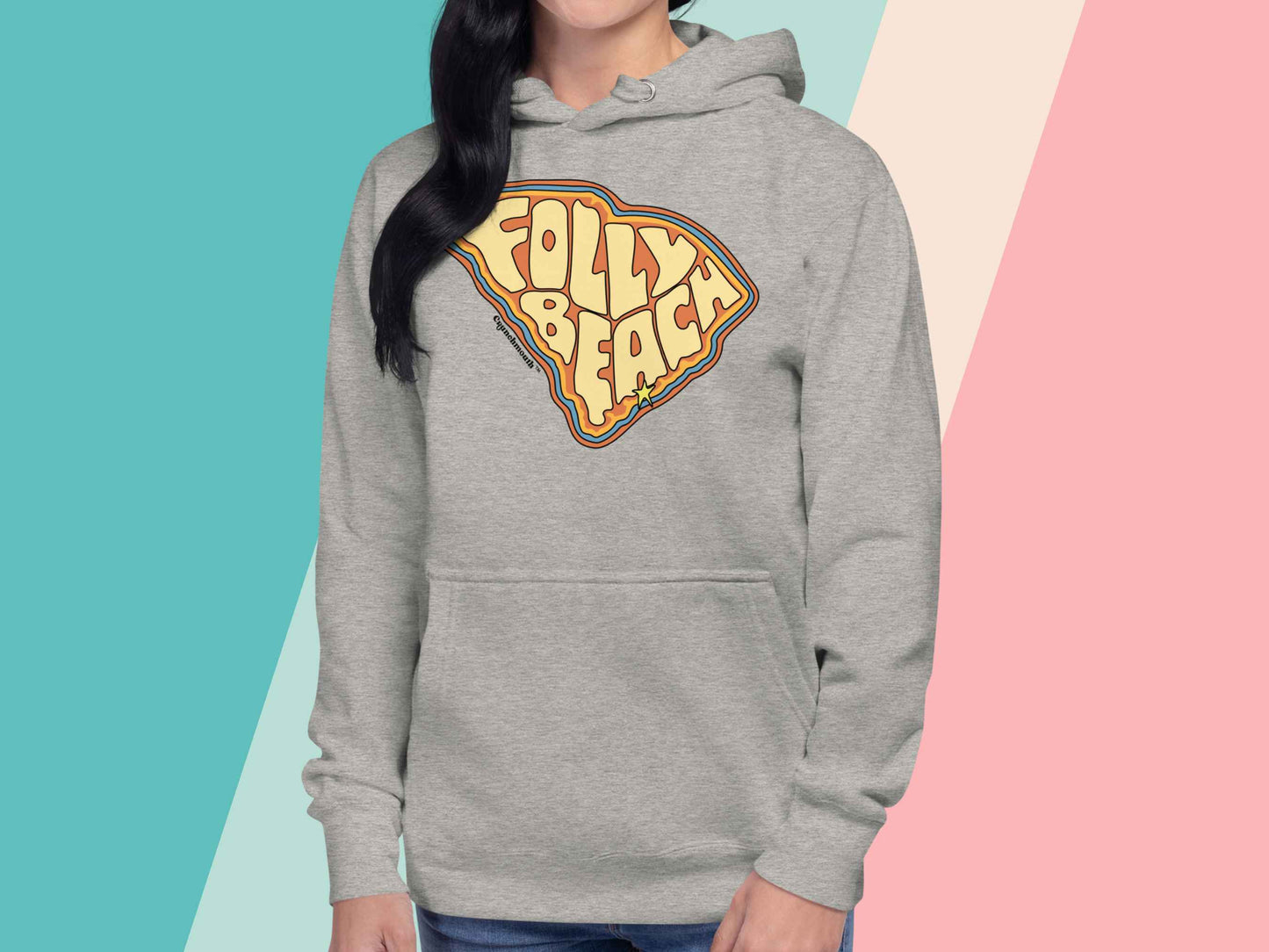 folly beach sweatshirt, pullover hoodie, front, female model, pastel stripe background