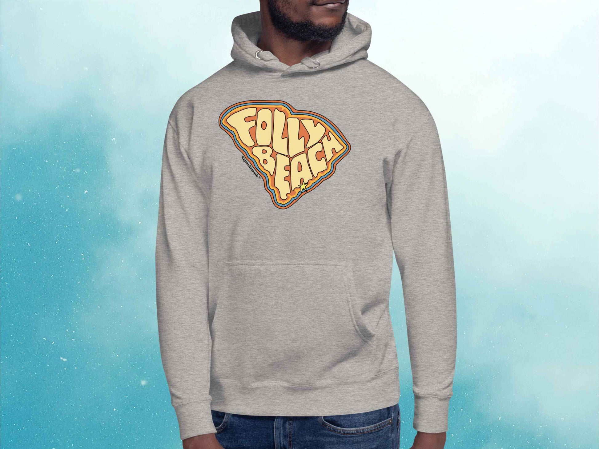 folly beach sweatshirt, pullover hoodie, front, male model, blue sky background