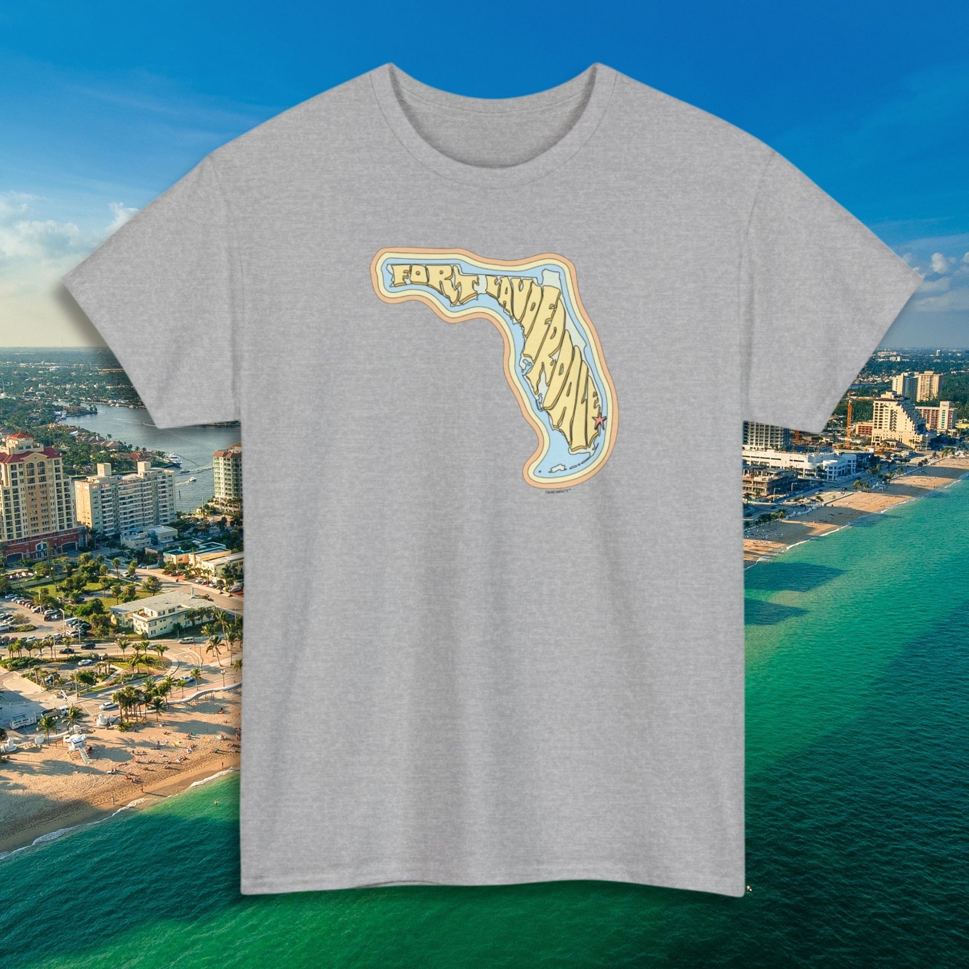 fort lauderdale florida shirt, front, sport grey color, aerial view of fort lauderdale beach background