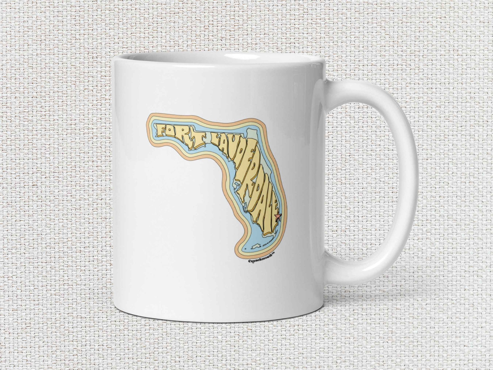 fort lauderdale coffee mug, 11oz, handle on right, white textured background