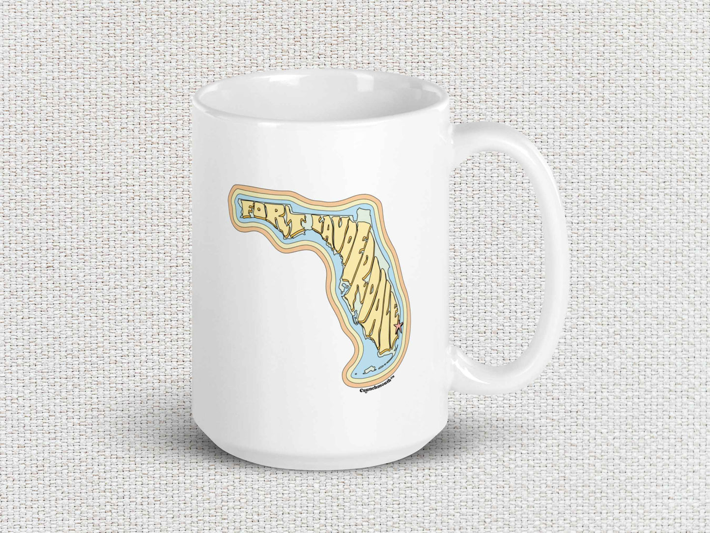 fort lauderdale coffee mug, 15oz, handle on right, white textured background