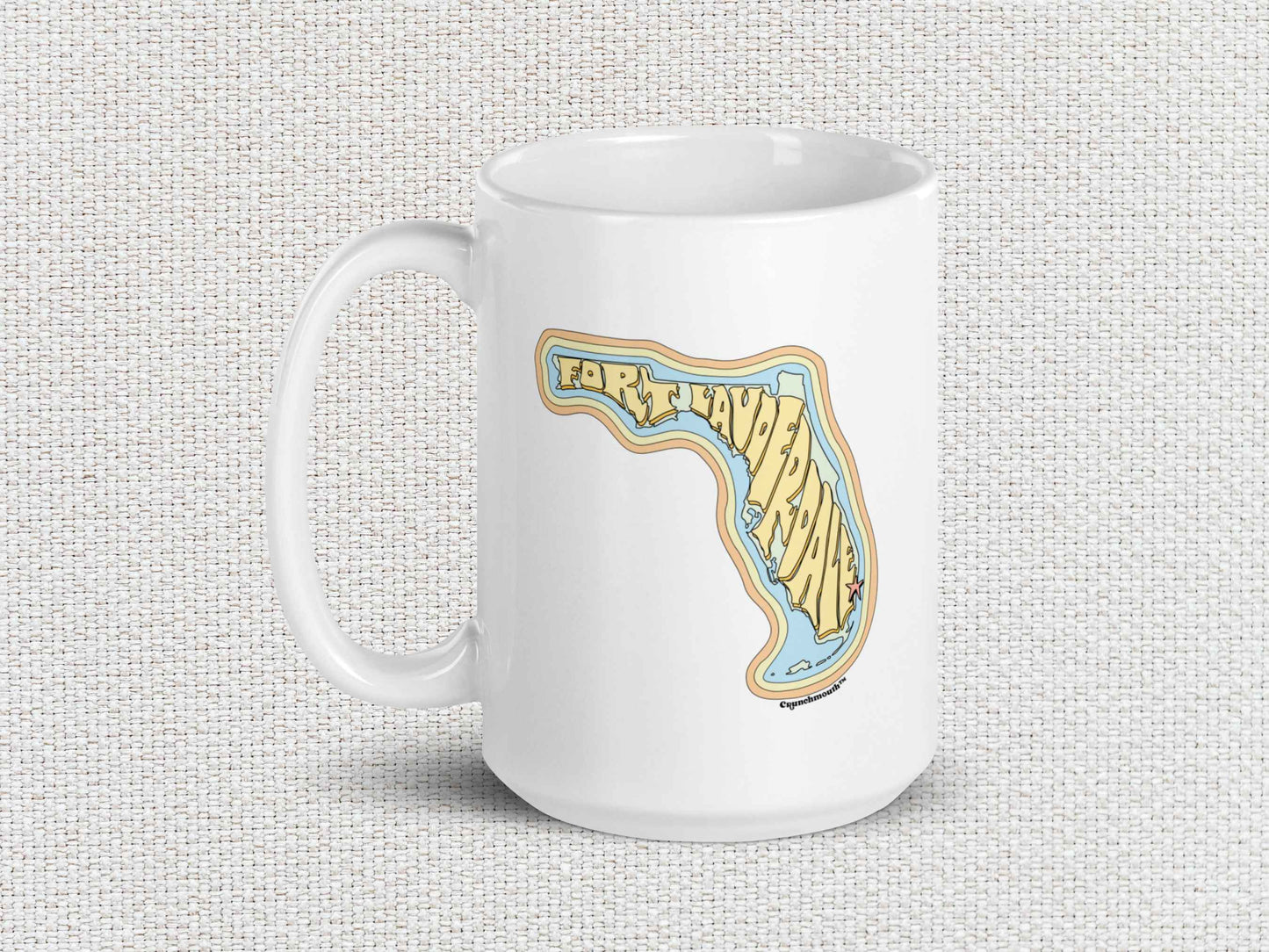 fort lauderdale coffee mug, 15oz, handle on left, white textured background