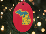 frankenmuth michigan wooden Christmas ornament, back, Christmas tree background