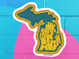 frankenmuth water bottle sticker, vibrant color cinder block wall background