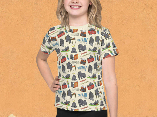 funny gorilla t shirt for kids, front, female, orange textured background