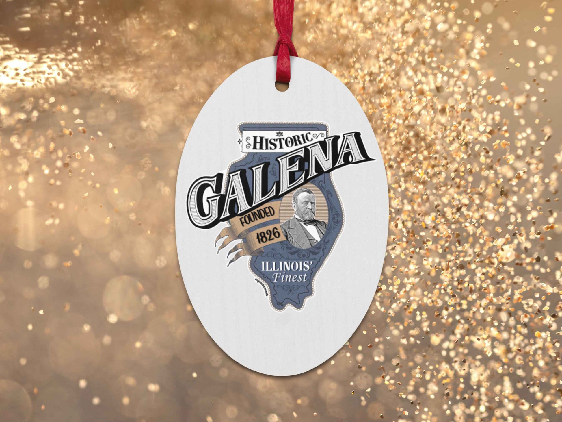 galena Christmas ornament, back, gold glitter background