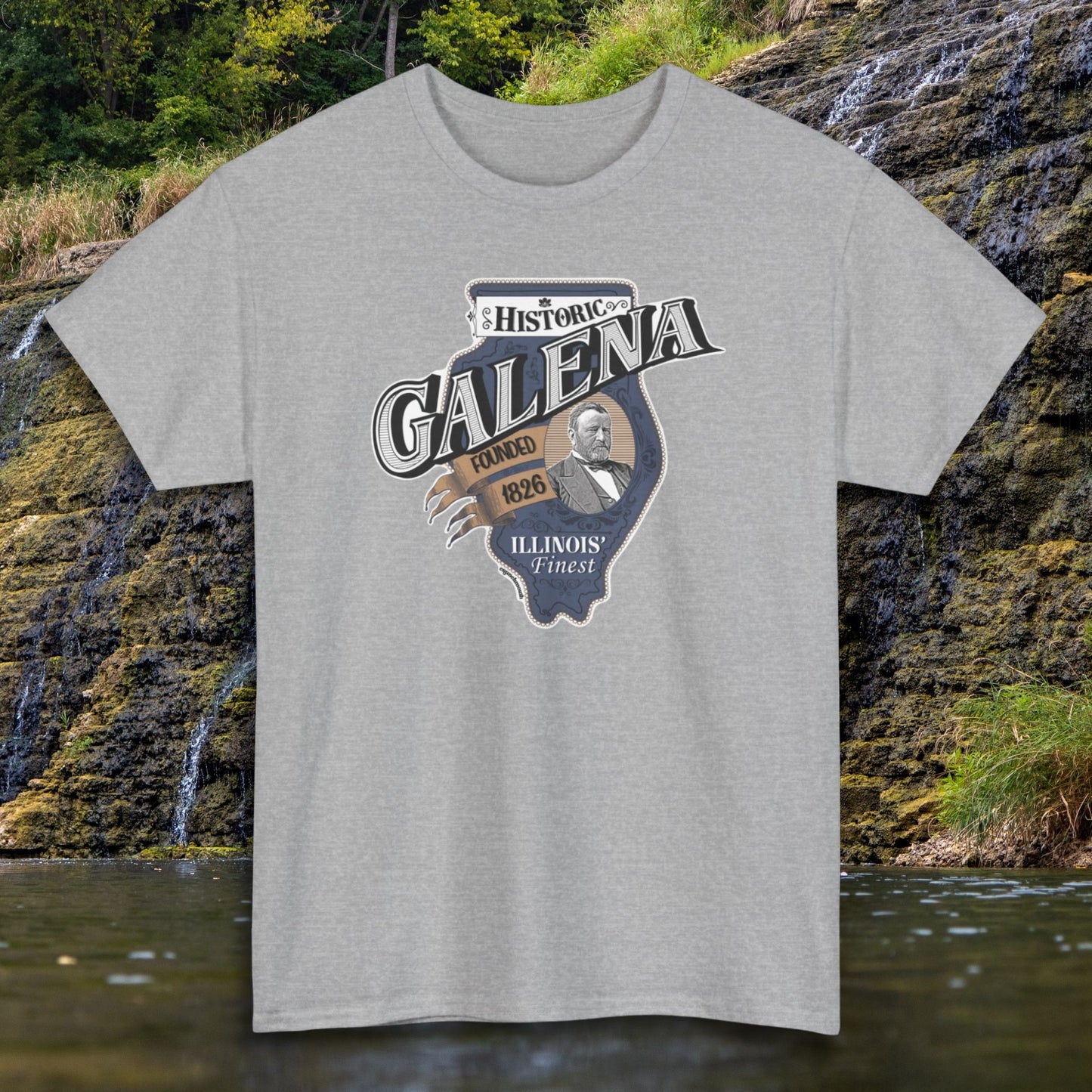 galena illinois shirt, front, sport grey color, thunder bay falls waterfall background