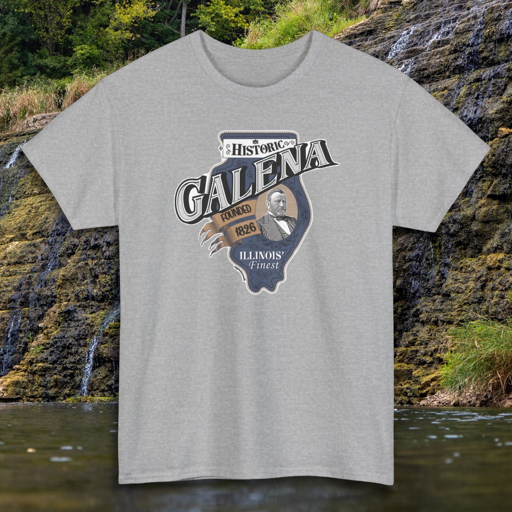 galena illinois shirt, front, sport grey color, thunder bay falls waterfall background
